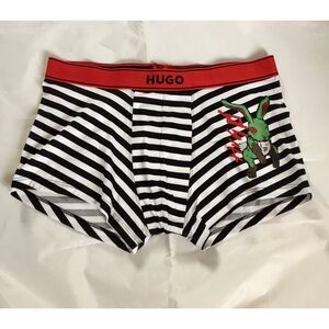 HUGO Black and White Striped Boxer Briefs with Red Waistband